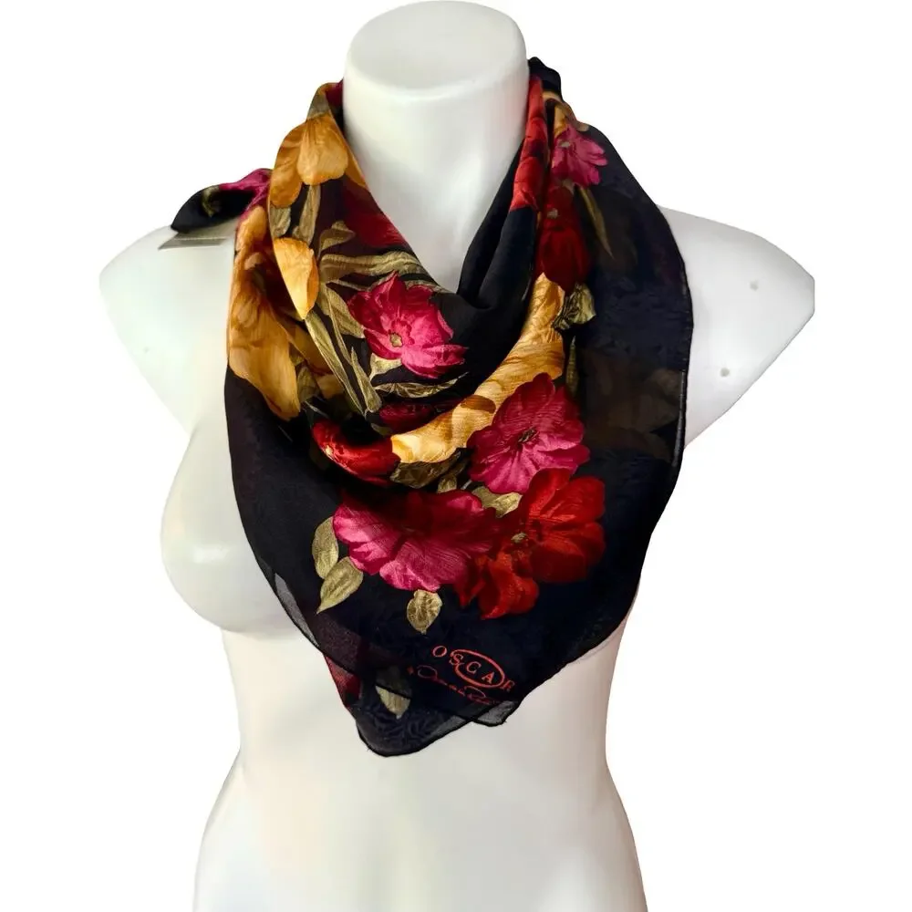 Vintage Oscar de la Renta Silk Scarf Black Jewel Tone Floral 1990s NWT